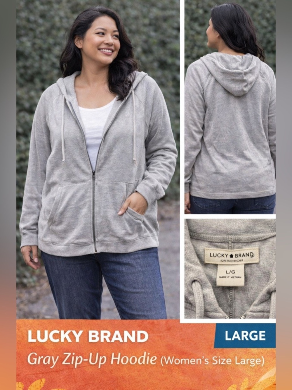 Lucky brand Gray Zip-Up Hoodie LARGE